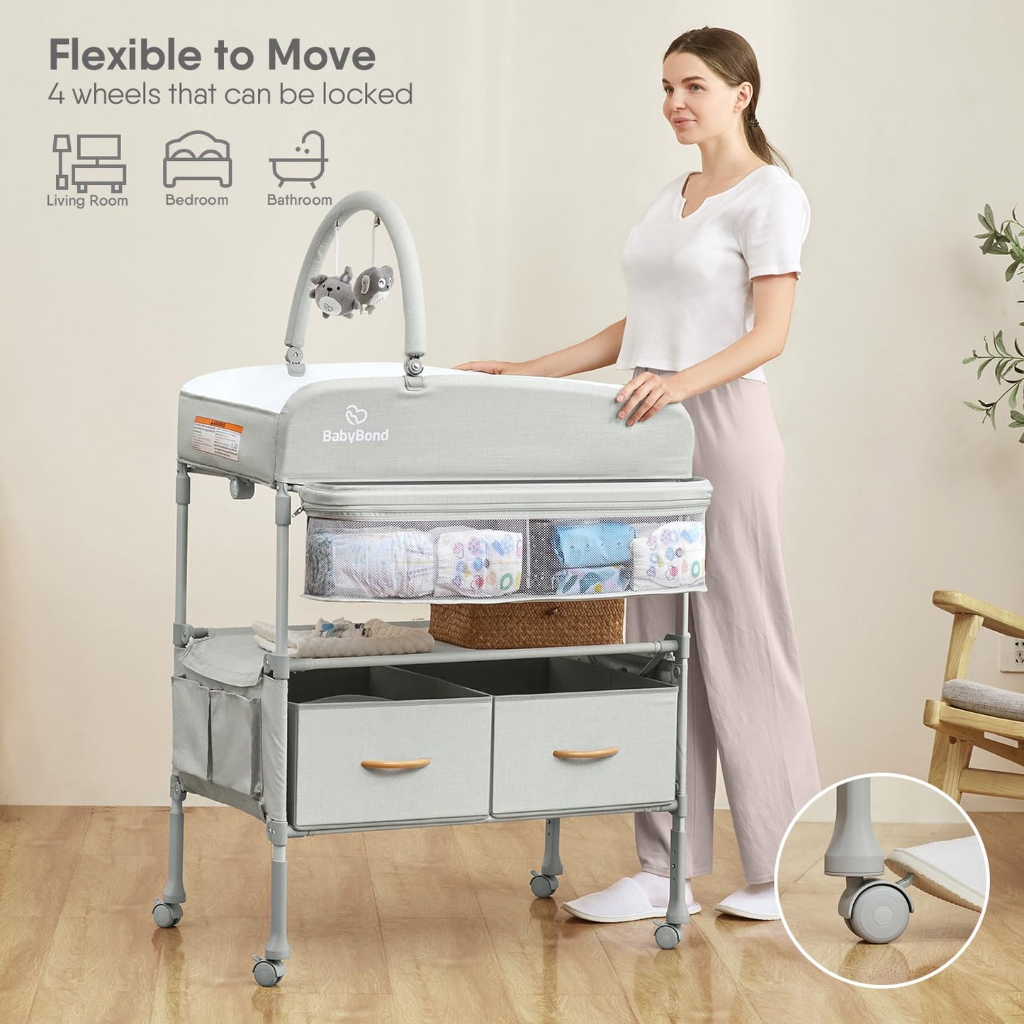 Baby Changing Table, Versatile Folding Changing Table, Waterproof Diaper Changing Station, Adjustable Height with 2 Drawers,Baby Changing Station, Mobile Nursery for Infant and Newborn