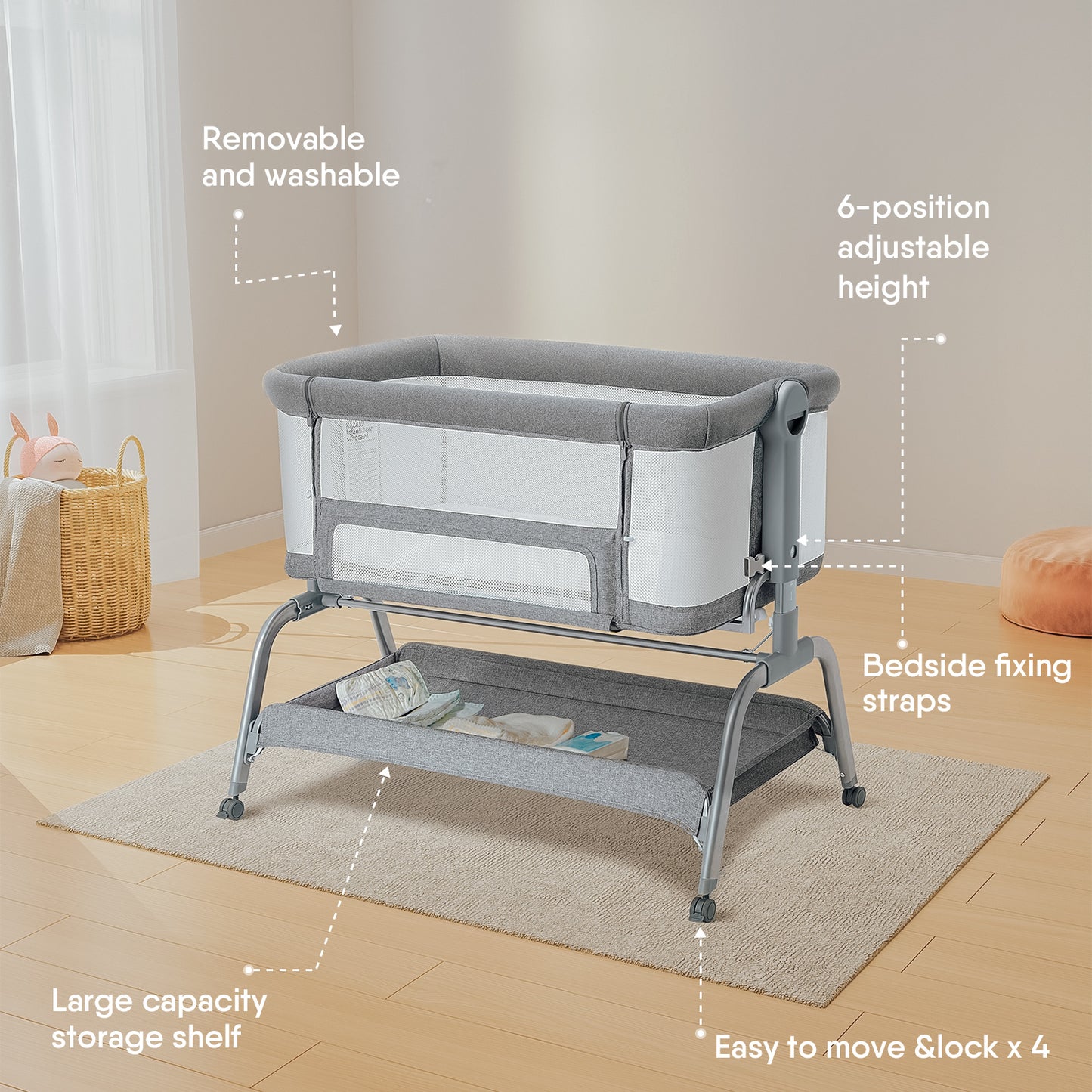Bassinet Bedside Sleeper, Baby Crib for Newborn, Baby Bassinets Bedside Sleeper with Adjustable Height, Breathable Mesh & Mattress, Bedside Bassinet