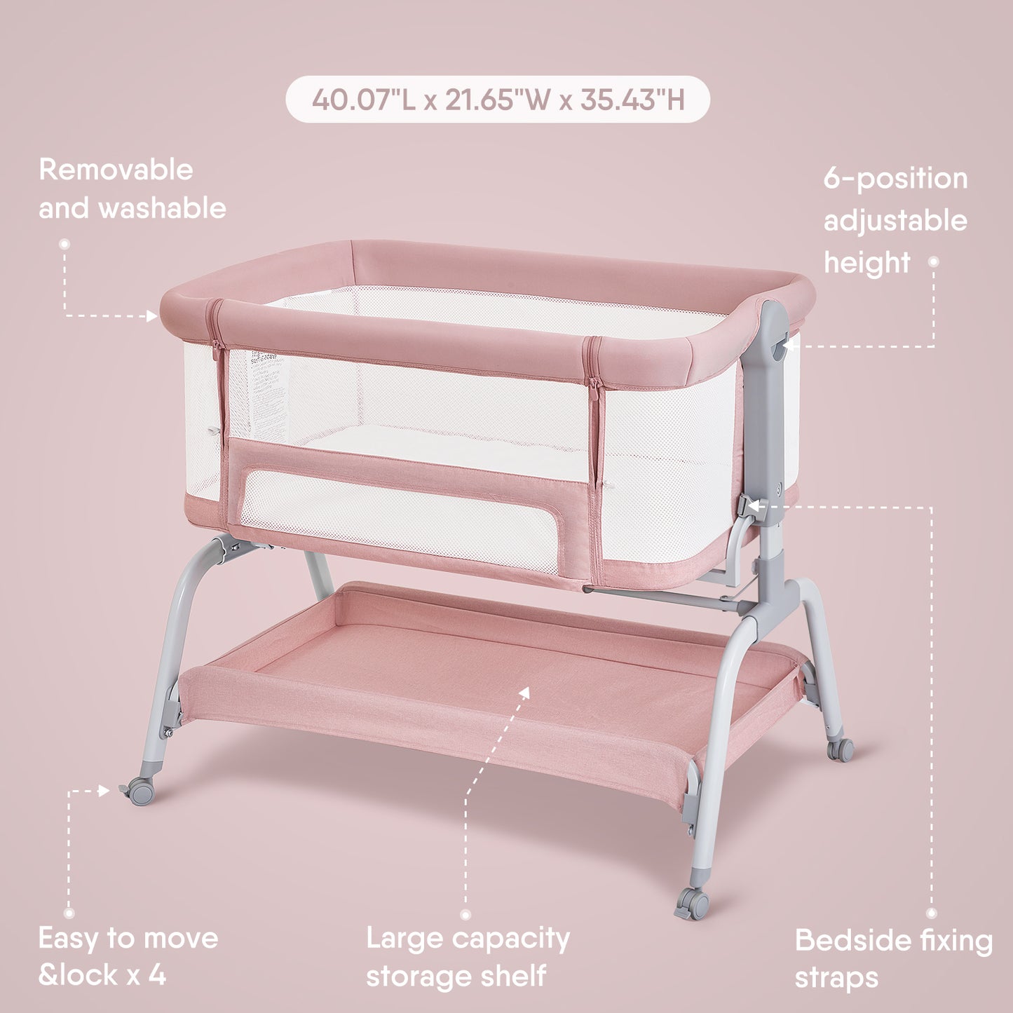 Bassinet Bedside Sleeper, Baby Crib for Newborn, Baby Bassinets Bedside Sleeper with Adjustable Height, Breathable Mesh & Mattress, Bedside Bassinet