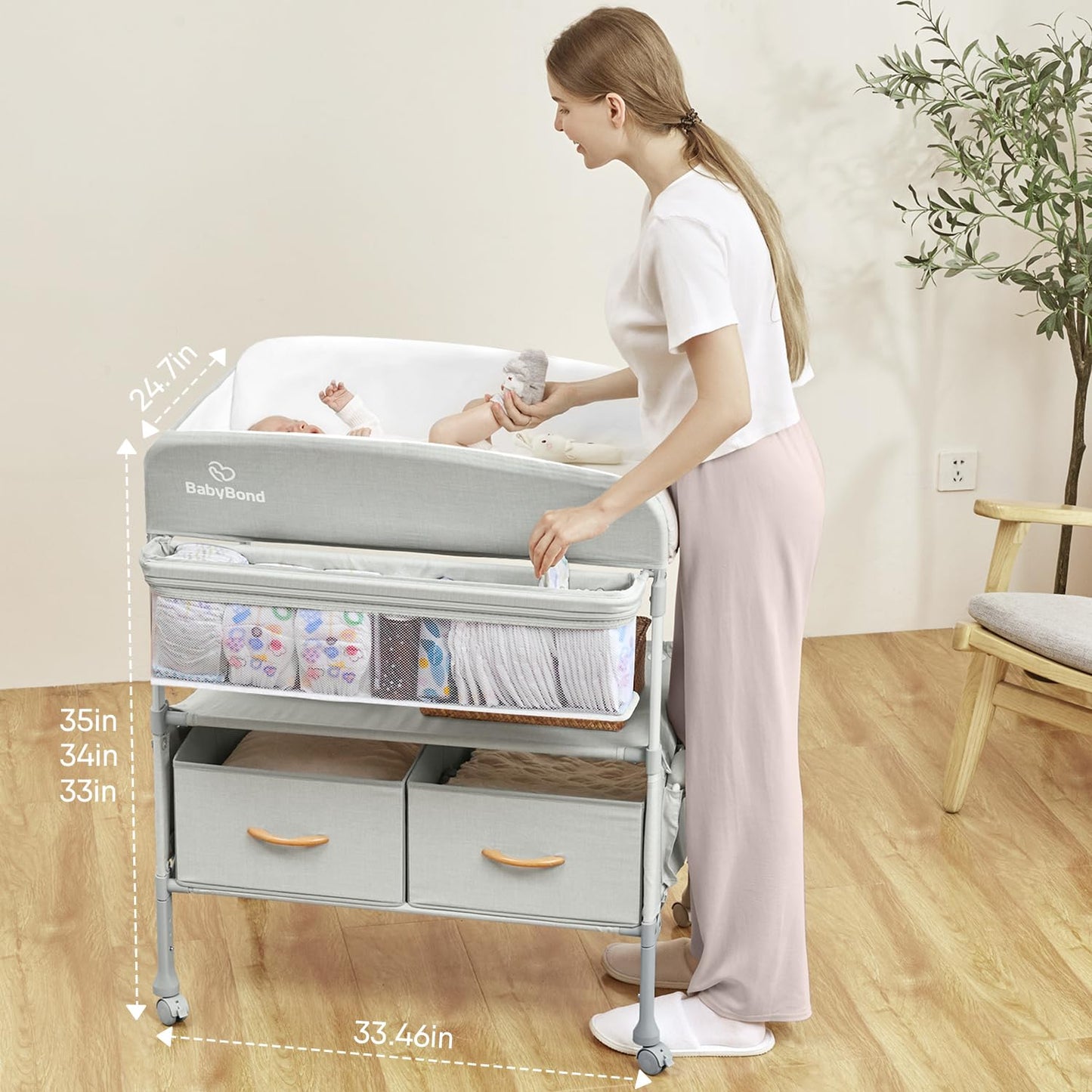 Baby Changing Table, Versatile Folding Changing Table, Waterproof Diaper Changing Station, Adjustable Height with 2 Drawers,Baby Changing Station, Mobile Nursery for Infant and Newborn