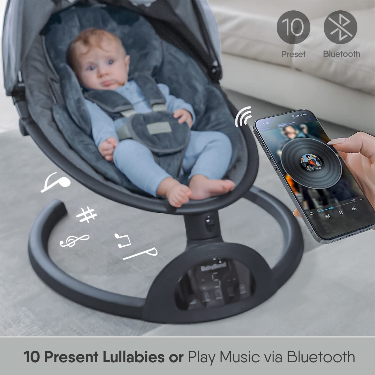 Baby Swings for Infants, Baby Swing, Bluetooth Infant Swing with Music Speaker, 5 Speeds and Remote Control, Indoor & Outdoor Use